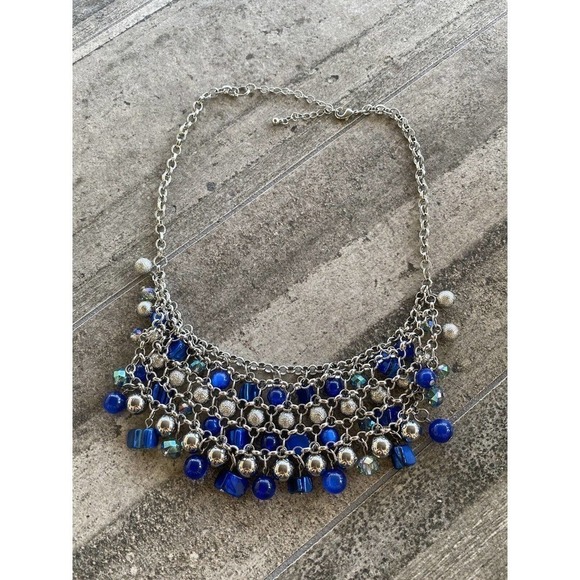 Necklace Fashion Apron Beaded Silver Tone Blue 19”+3” - Picture 3 of 9